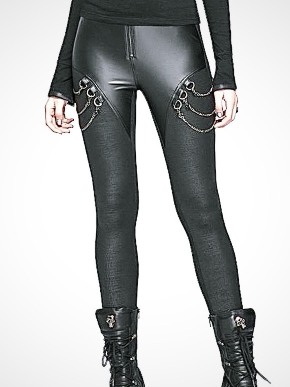 Punk Rave Black Faux Leather Chain-Accent Skinny Jumpsuit Pants